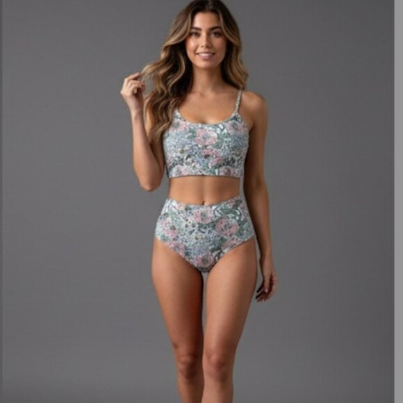Boho Floral Print Round Neck Tankini Swimsuit Bathing Suit - Picture 2 of 7